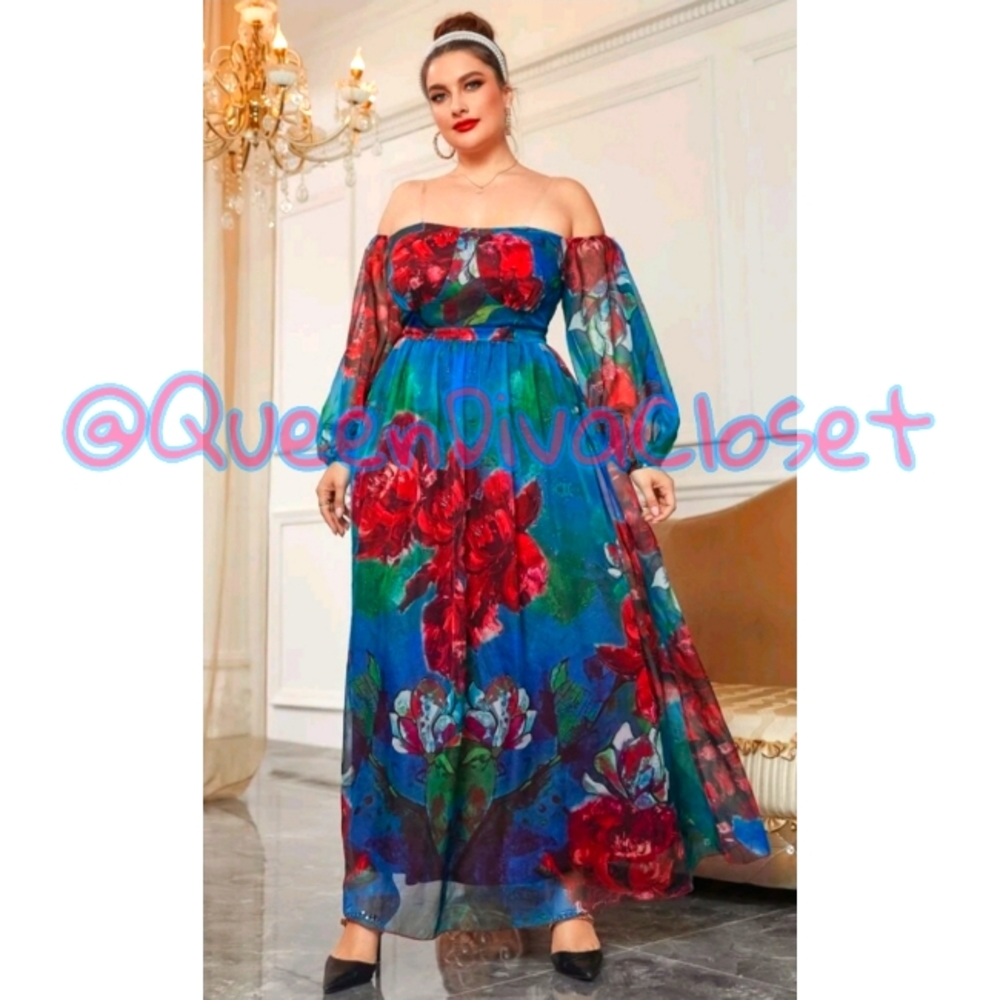 Goddess Blue red rose floral bustier off shoulder long sleeve maxi dress 0X